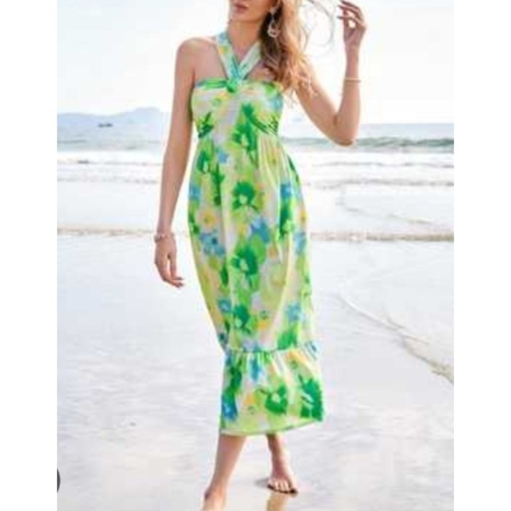NEW Grace Karin Summer Floral Midi Maxi Dress Women's Sz XL Green Yellow pockets - Picture 1 of 8